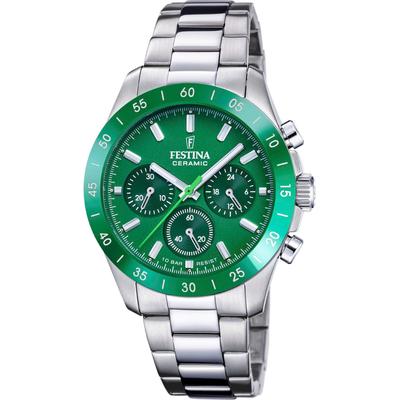 Chronograph FESTINA "Ceramic", silber (silberfarben, grün), Armbanduhren, Damen, Quarzuhr, Armbanduhr, Damen, Herren, Edelstahlarmband, Keramiklünette Image