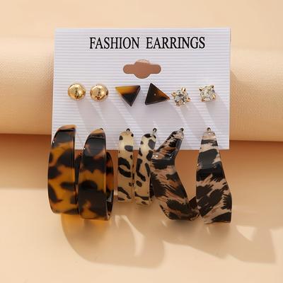 TEMU 12pcs Chic Acrylic Geometric Leopard Print Earring Set - Parties, Dates & Gifts | Versatile Casual Attire Image
