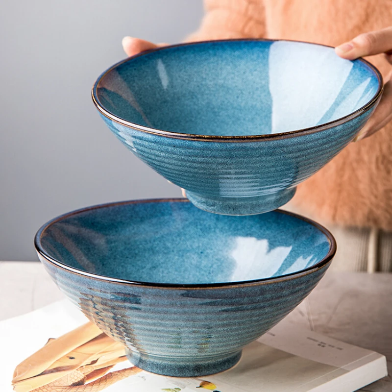 Creative Thread 8-inch ramen bowl Household ceramic soup bowl Retro bamboo hat bowl Commercial large eating bowl