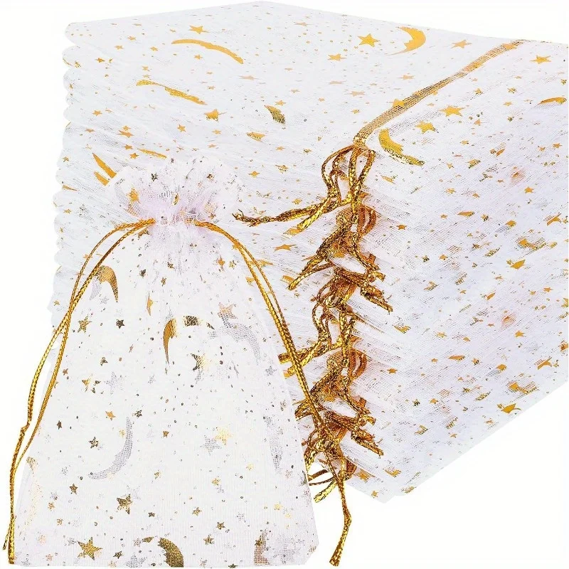 50 Stück weiße Mond-Sterne-Organzabeutel mit Kordelzug, Schmuck-Geschenkbeutel, Beutel, goldene Stern-Organza-Geschenkbeutel für Weihnachten, Hochzeit Image