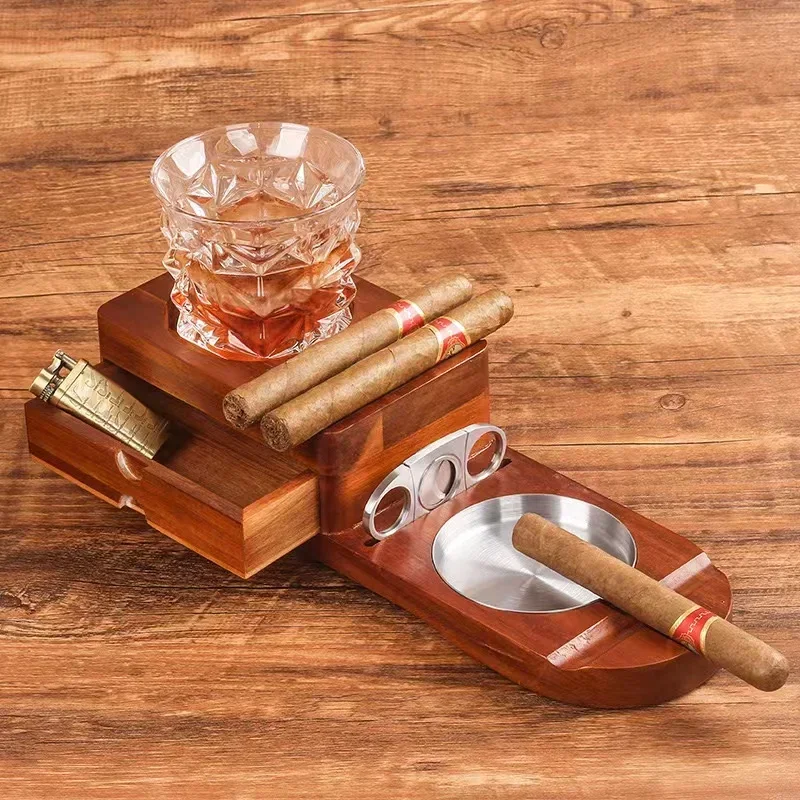 Zigarrenaschenbecher aus massivem Holz mit Schubladen, kreativer Zigarrenaschenbecher, Whiskybecherhalter, multifunktionales, fortschrittliches Zigarrenzubehör Image