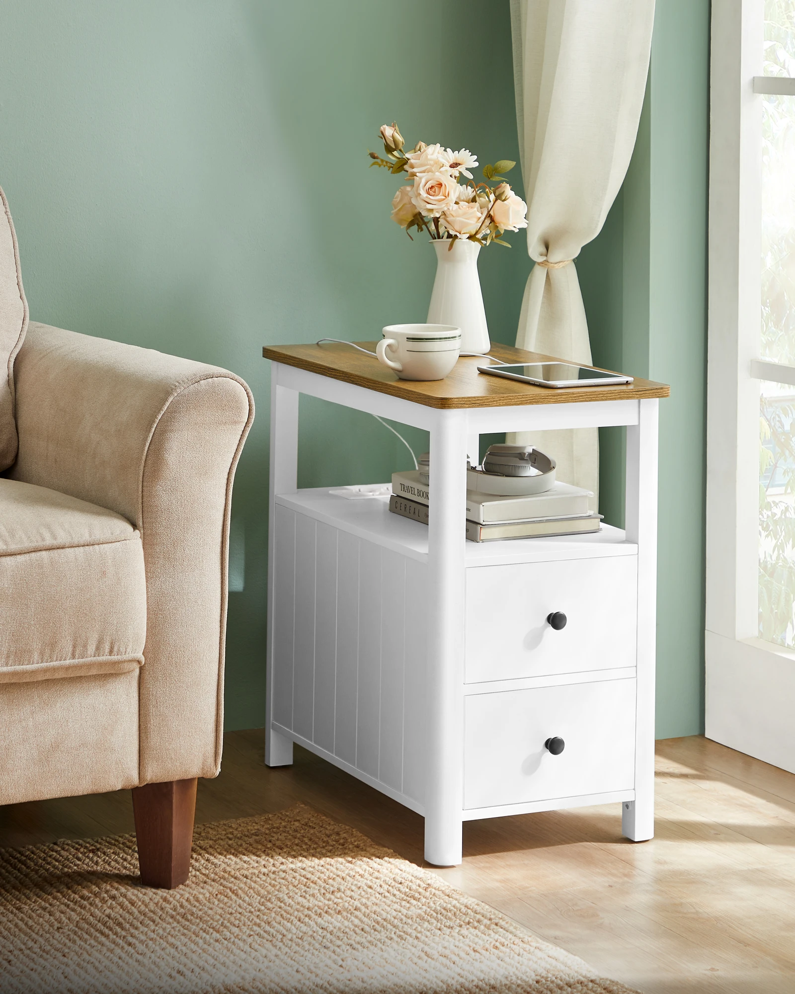VASAGLE Beistelltisch (1-St), mit Steckdosenleiste, 2 Schubladen, maritimer Stil, 60 x 35 x 61 cm Image