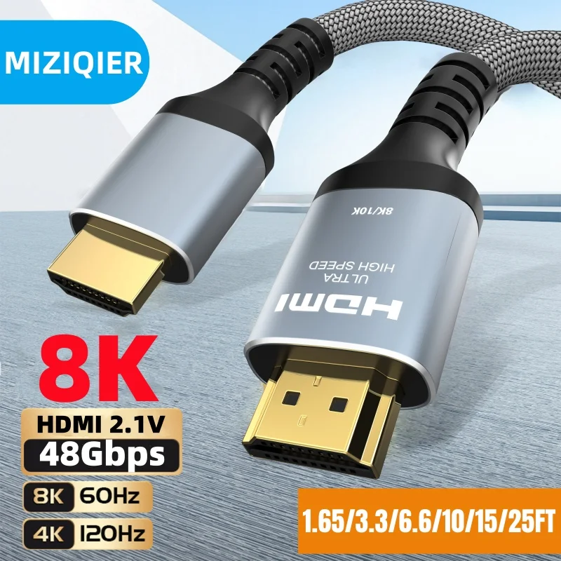 MIZIQIER Lange 8K HDMI 2.1 Kabel, 48 Gbit/s Ultra-Hochgeschwindigkeits-geflochtenes Kabel-4K@120 Hz 8K@60 Hz für Roku TV/PS5/PS4/HDTV/RTX 3080 3090 Image