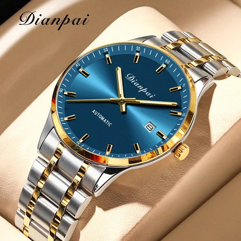 Dianpai Neue Herren-Armbanduhr, vollautomatisch, mechanisch, Edelstahl, Kalender, wasserdicht, leuchtend blau Image