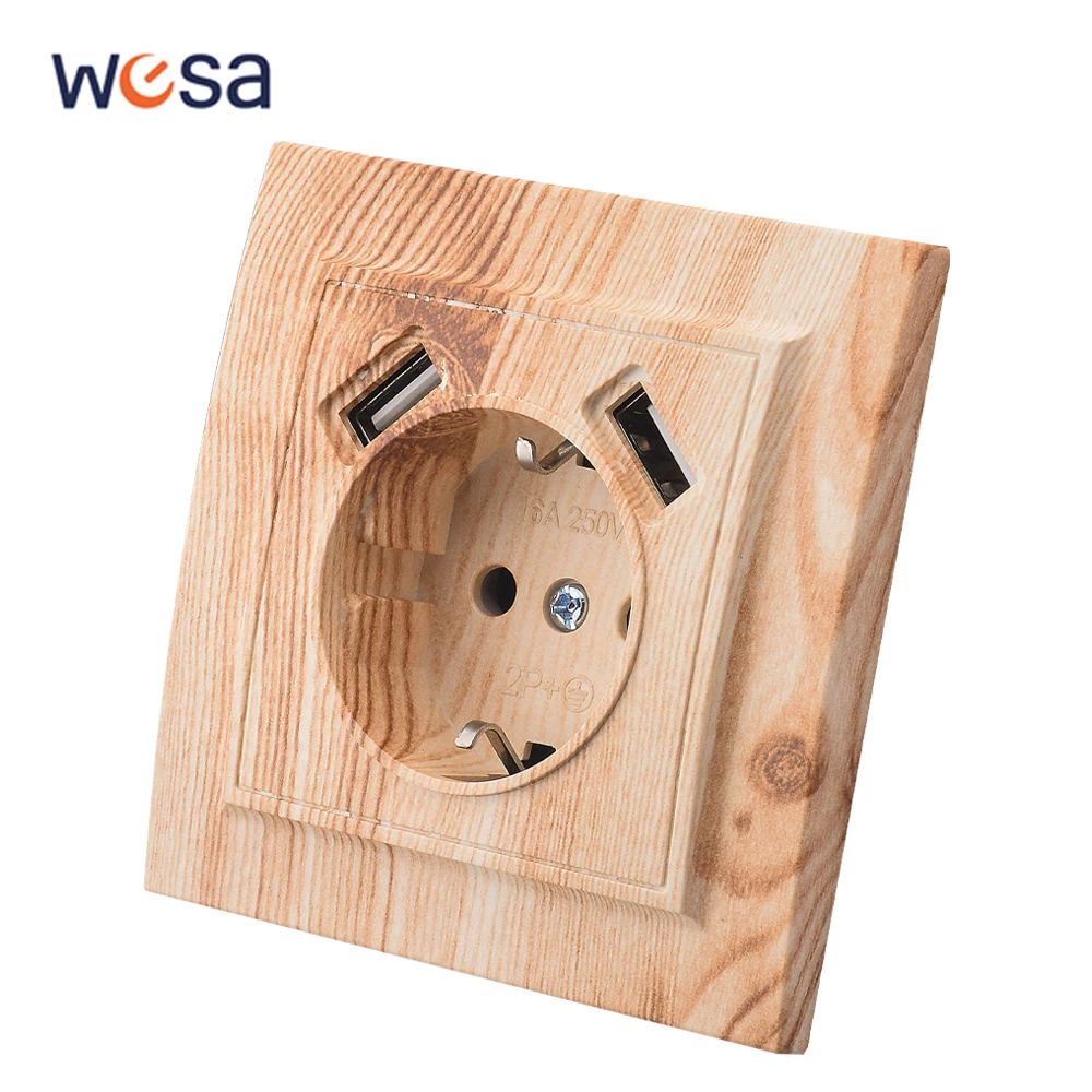 WESA Holz-Sprühfarbe, Dual-USB-Steckdose, 2,1 A, Steckdose, EU-Standard, Erdungsstecker, Wandsteckdose, flammhemmender Kunststoff Image