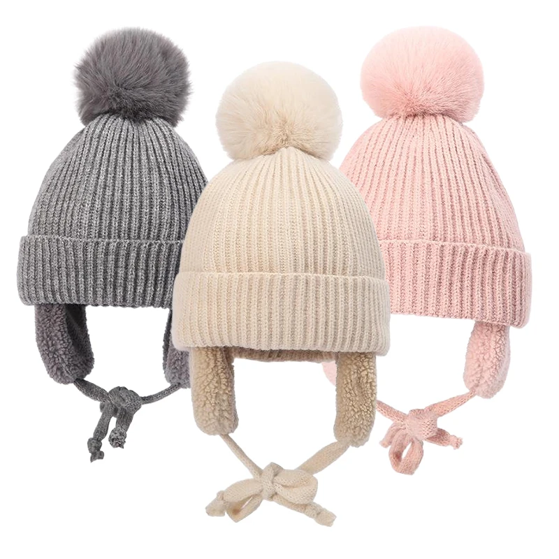 Baby-Wintermütze, Plüschfutter, Strickmütze für Mädchen und Jungen, großer Bommel, Beanie, Kinder-Gehörschutz, Hüte, warmes Zubehör für Kleinkinder, 2–6 Jahre Image