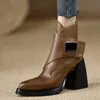 YSHUNIJ 2023 Neue Klassische Echt PU frauen Stiefeletten Platz High Heels Dicke Sohle Schwarz Braun Kleid Büro frauen Schuhe 40