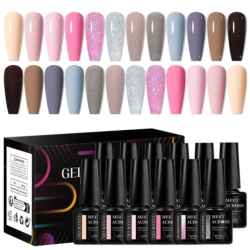 MEET ACROSS 12 TEILE/SATZ Rosa Braun Grau Gel Nagellack Mit Box Semi Permanent UV Gel Nail art Kit Lack Für Maniküre winter