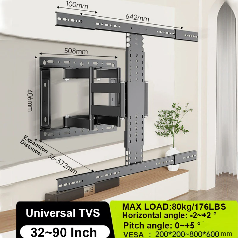 TV-Wandhalterung für 32–90 Zoll Fernseher, TV-Halterung mit Dreh- und Neigungfunktion, Vollbewegungs-TV-Halterung mit Gelenk-Doppelarmlehnen VESA 800 x 600 mm Image