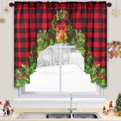 TEMU 1pc Aspmiz Art Deco Christmas Kitchen Curtain, Cartoon Santa Claus Print, Rod Pocket Hanging, 100% Polyester, Machine Washable, Blackout Window Drapes, 60