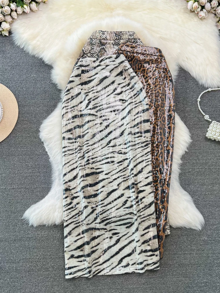Frauen Chic Shinn ing Print Midi Rock Reiß verschluss hohe Taille Leopard Zebra Wild Style Retro lange Röcke Mujer Image