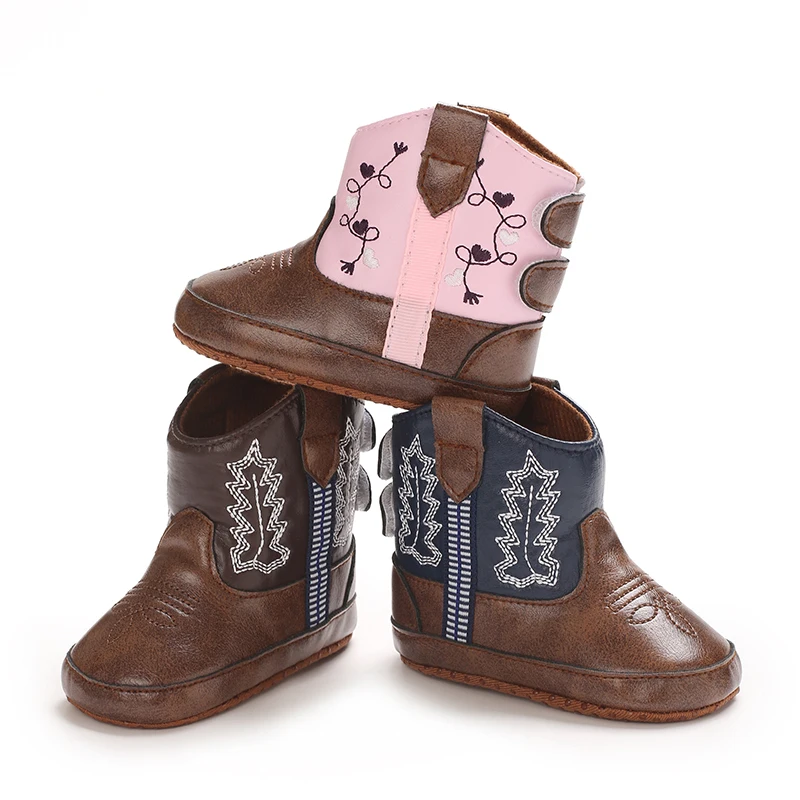 Modische Vorschulstiefel mit gesticktem Muster und rutschfester Gummiunterseite, Leder-Wanderschuhe für Babys