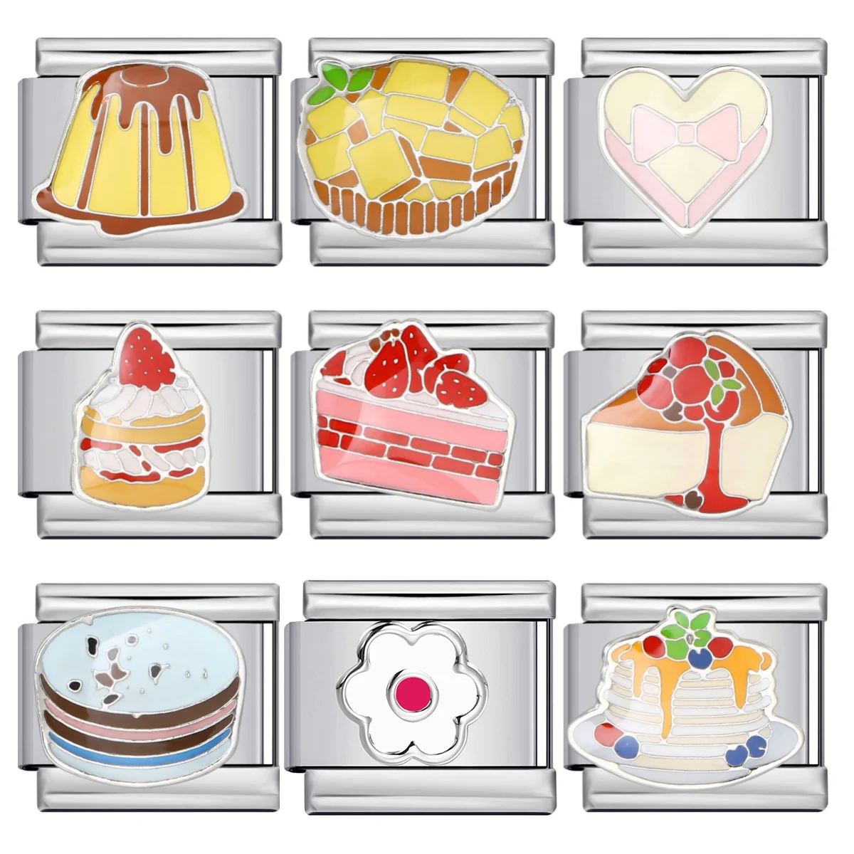 Zarte und farbenfrohe Erdbeer-Käse-Kuchen-italienischer Charme, passend für 9 mm Glieder-Edelstahl-Armbänder zum Selbermachen von Perlen als Geschenk Image