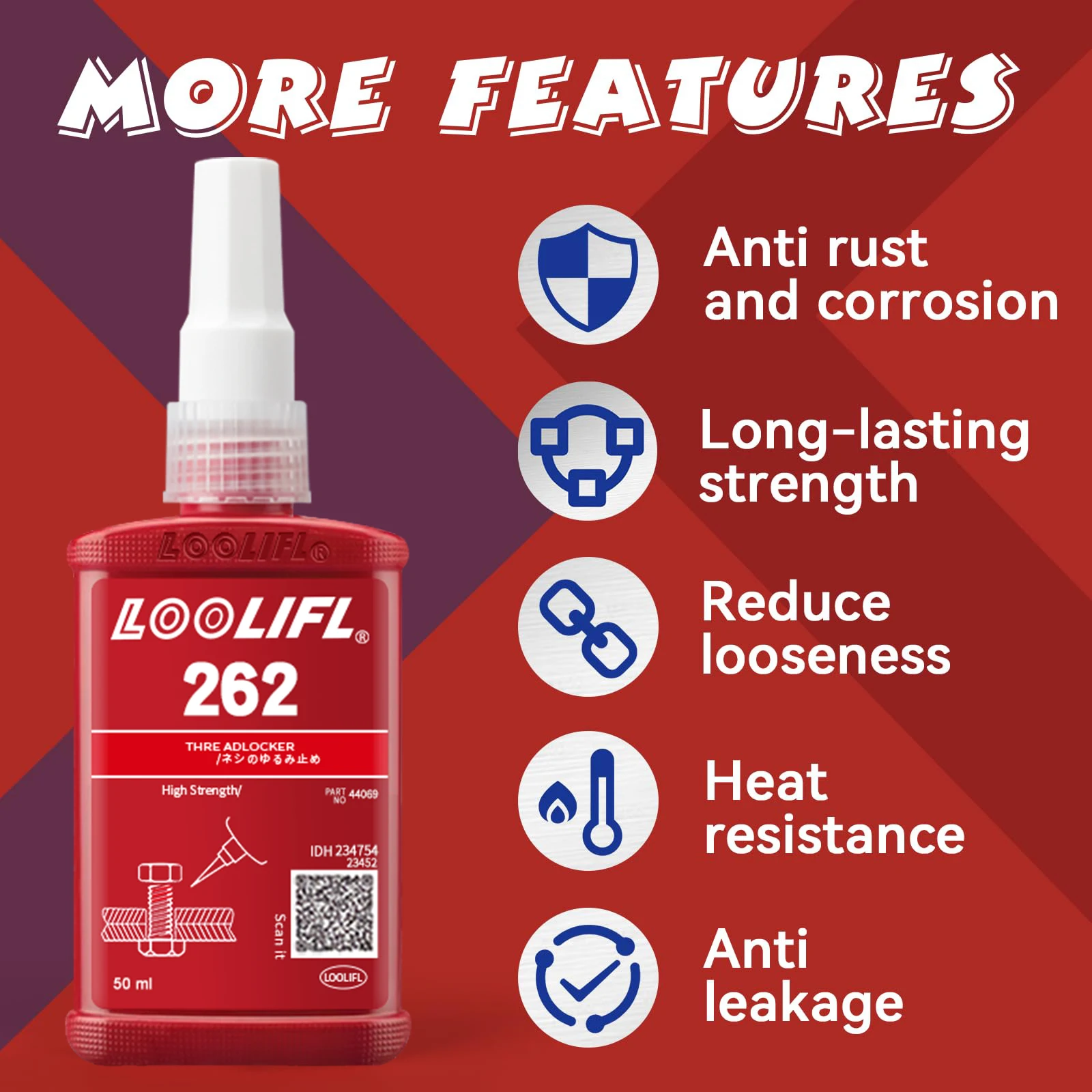 LOOLIFL 50ml 262 High Strength Red Threadlocker Permanent Naerobic Adhesive For Most Metals, Rust And Corrosion resistant, Super Nut Glue, Seal Fasteners Anaerobic Curing Metal Glue Image