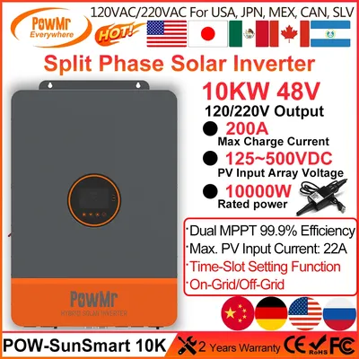 PowMr Split Phase Hybrid Solar Inverter 10KW Rated Power 120/240VAC Output 48V LithiumBattery Dual MPPT Tracker 200A Charger