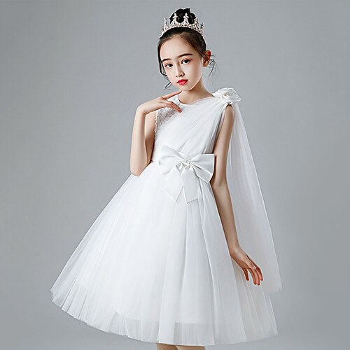 Blumenmädchenkleid Kinder Mädchen Prinzessinenkleid Leistung Hochzeit Party Elegant Schön Gitter Feste Farbe Ärmellos Rundhalsausschnitt Weiß Champagner 4 Jahre Image