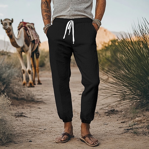 Herren Leinenhosen Hose Sommerhose Elastischer Bund Gerader Schnitt Hohe Taille Einfarbig Komfort Atmungsaktiv Volle Länge Täglich Streetwear Retro Vintage Schwarz Weiß Hohe Taille Unelastisch Image