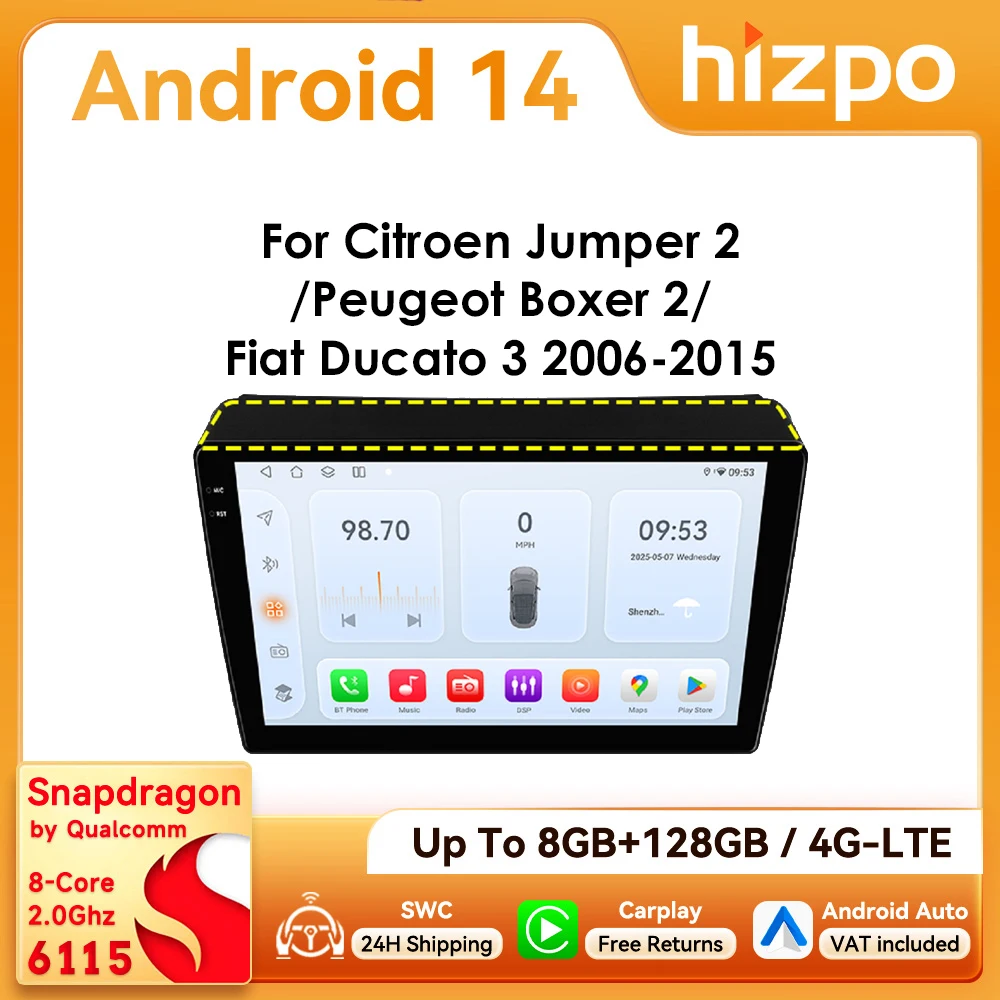9" Hizpo 2Din Android14 Autoradio für Fiat Ducato Peugeot Boxer Citroen Jumper 4G BT GPS RDS DSP Auto CarPlay Snapdragon 6115 Image