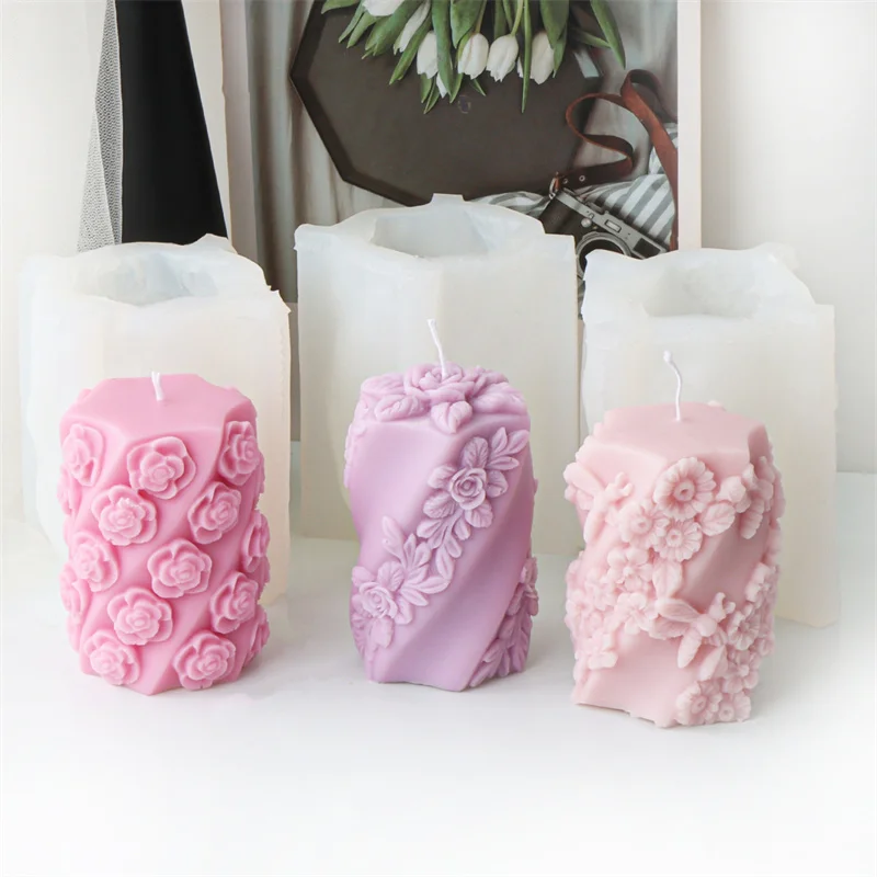3d Relief Blatt Rose Zylinder Biene Silikon form DIY Valentinstag romantischen Duft Kerze Gips Harz Handwerk Wohnkultur Image