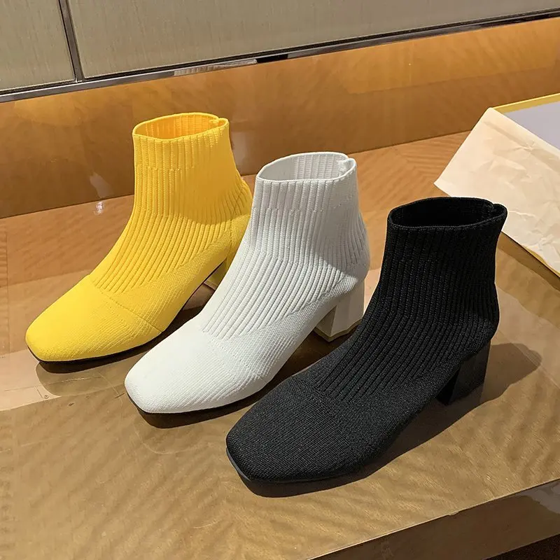 Stretch Sockens tiefel für Damenschuhe quadratischer Absatz gelbe Stricks chuhe elastische Baumwoll stiefel Damenschuhe