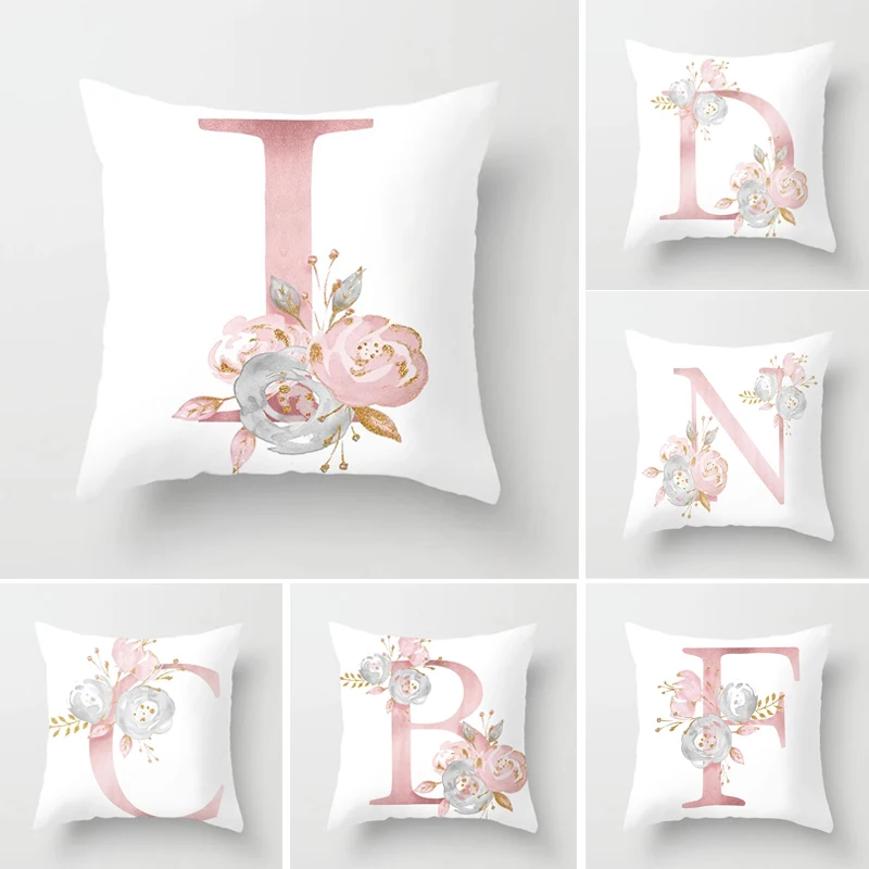 26 Buchstaben rosa Blume bedruckte Kissen bezüge für Wohnzimmer Schlafzimmer Dekoration Kissen bezug Home Office Stuhl weiche Kissen Image