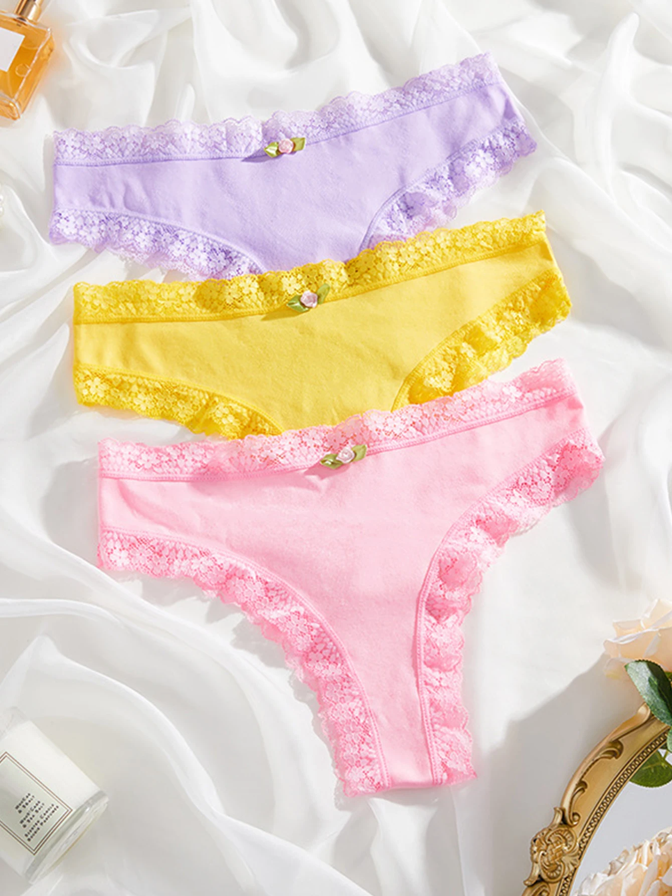 3 Stück Damen unterwäsche Spitze süße Damen unterwäsche Baumwolle bequeme atmungsaktive Damen unterwäsche mit mittlerer Taille Image