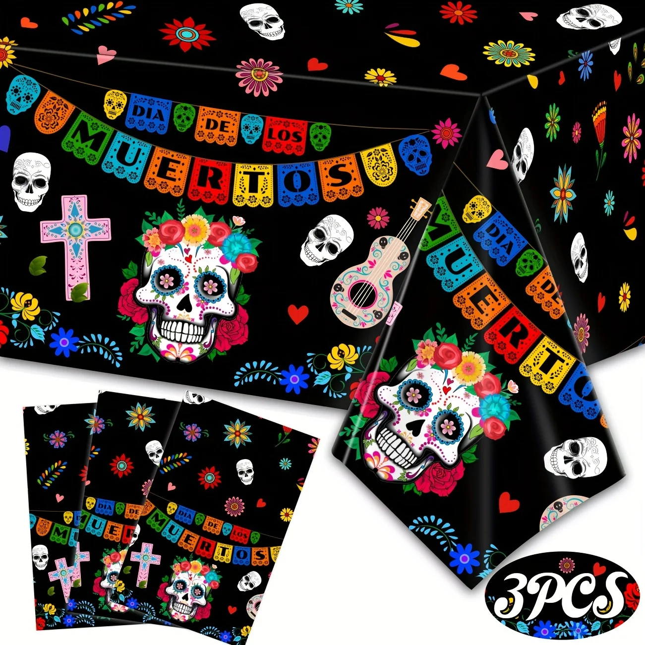 3 Stück Tag der toten Party Plastik tischdecke bunte Schädel lange rechteckige Tischdecke für Buffet, Fiesta Blumen Party Image