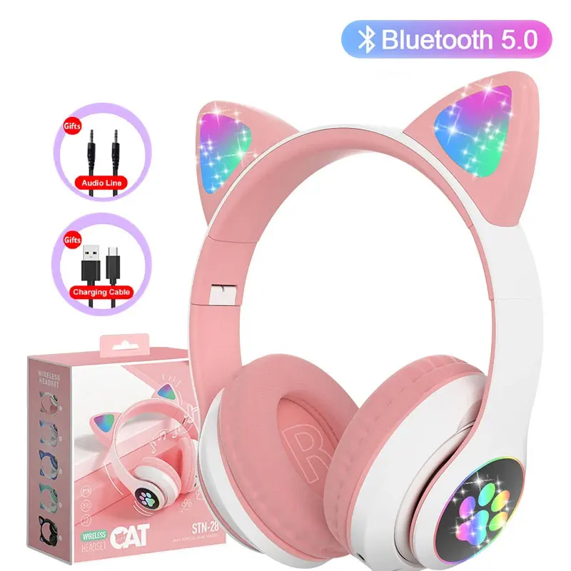 Blitzlampe, niedliche Katzenohren, Kopfhörer, Bluetooth 5.0, Stereo mit Mikrofon, unterstützt TF-Karte, kabellos, für Kinder und Mädchen, Kopfhörer, Geburtstagsgeschenk Image