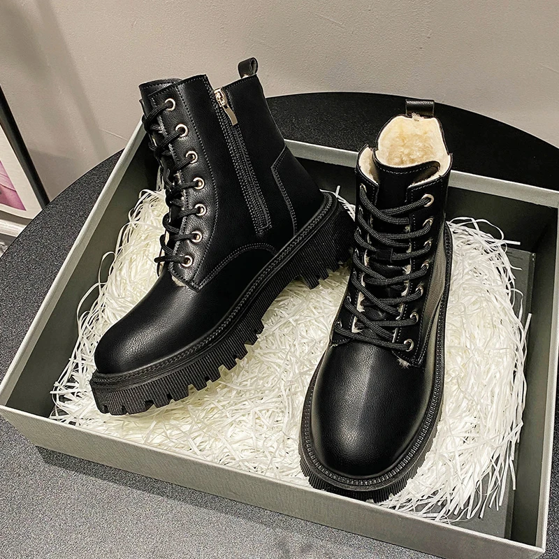 Damen Winter 2025, neue Schneestiefel mit Samt, flache Oberseite, flache Schuhe, hochwertige Spitze, elegantes PU-Leder, lässige schwarze Stiefeletten