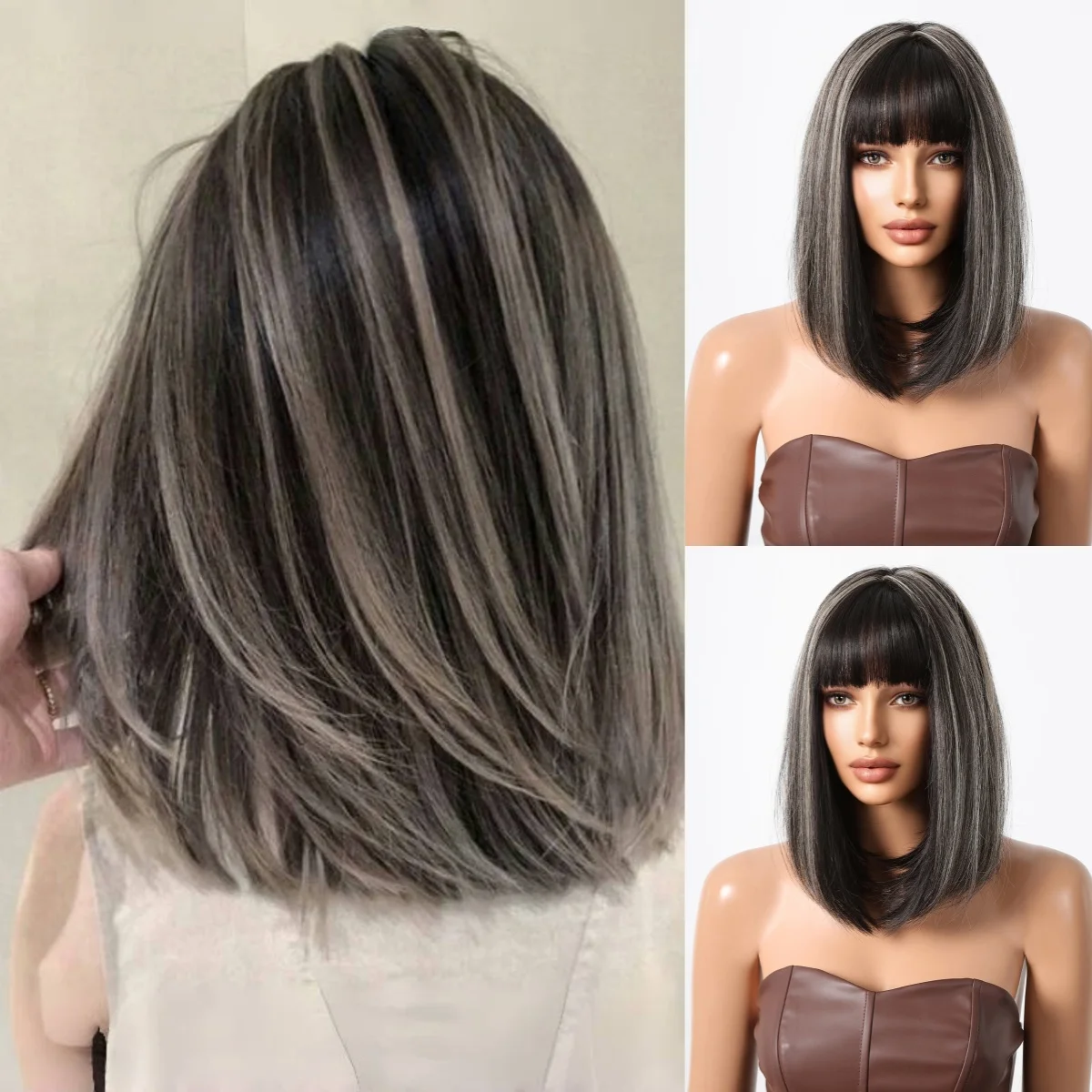 Kurze Bob-Perücken, synthetische Perücken, schwarz, silbrig, Highlight mit Pony für Frauen, glattes Haar, Cosplay, Party, künstliche Haare, hitzebeständig Image