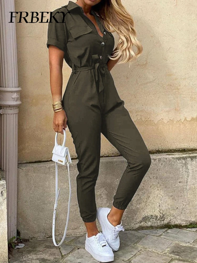 Overalls für Damen, lässig, Revers, Schnürung, Druck, Gürtel, Arbeitsoverall, Damen, Einteiler, Bodysuit, Damen, schick und elegant, lange Overalls Image