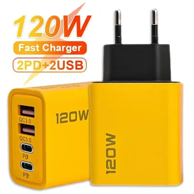 4 Ports Dual PD USB Ladegerät Wand Adapter QC3.0 120 W Schnelle Lade Telefon Ladegerät EU/US/UK stecker Für iPhone 15 14 13 Samsung Xiaomi Image
