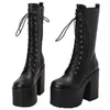 Sexy Plattform frauen Mid-kalb Stiefel Winter Stripper Gothic Punk Heels Stiefel Für Frauen Lace-up Schwarz weiß Fetisch Schuhe Große Größe