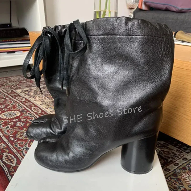 Luxus Design Tabi Frauen Stretch Stiefel Split Toe High Heel Chelsea Stiefel Schwarz Leder Mid-Kalb Kurze Stiefel Damen schuhe