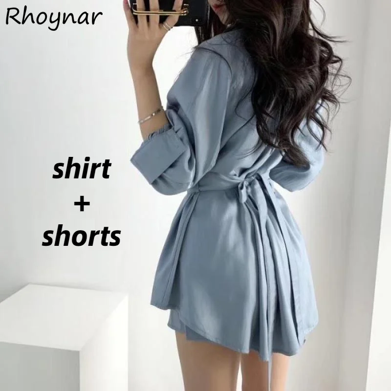 Kurze Sets Frauen Chic Frühling Ulzzang Komfort Alle Spiel 2 stücke Tunika Puff Hülse Hohe Taille Einfache Streetwear Casual Outfit tops Image