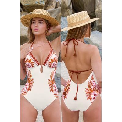 Ornate Floral V-Neck Keyhole One Piece Swimsuit