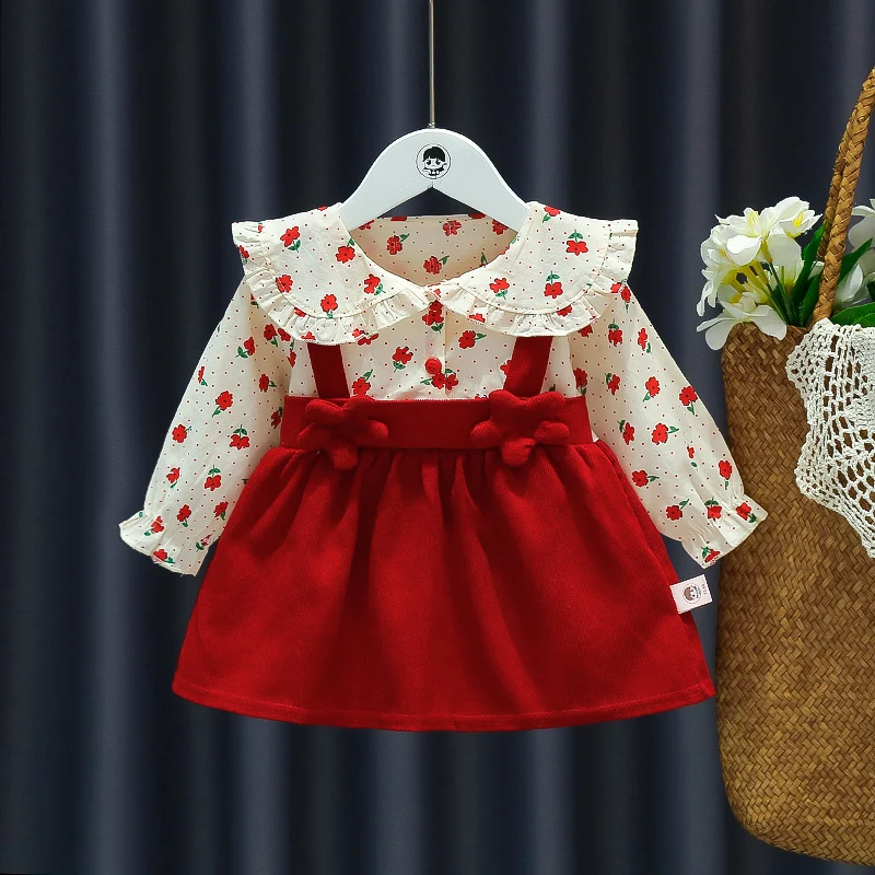 Herbst Mädchen lang ärmel ige Blumen kleid neue Kinder kleidung Puppen kragen Schleife Hemd Kinder rock Image