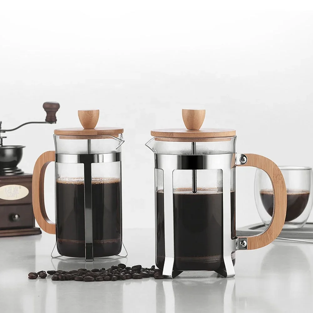 350/600 ml Edelstahl-Presstöpfe, Lebensmittelqualität, Presstyp, Holzgriffhersteller, französische transparente Presse für Kaffee und Tee Image