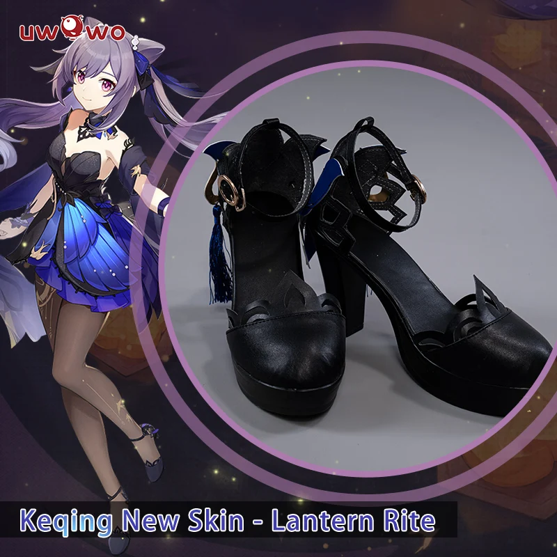 Uwowo genshin impact keqing cosplay schuhe neue haut uniform laterne rite outfit ke qing formelles kleid spiel halloween high-heels