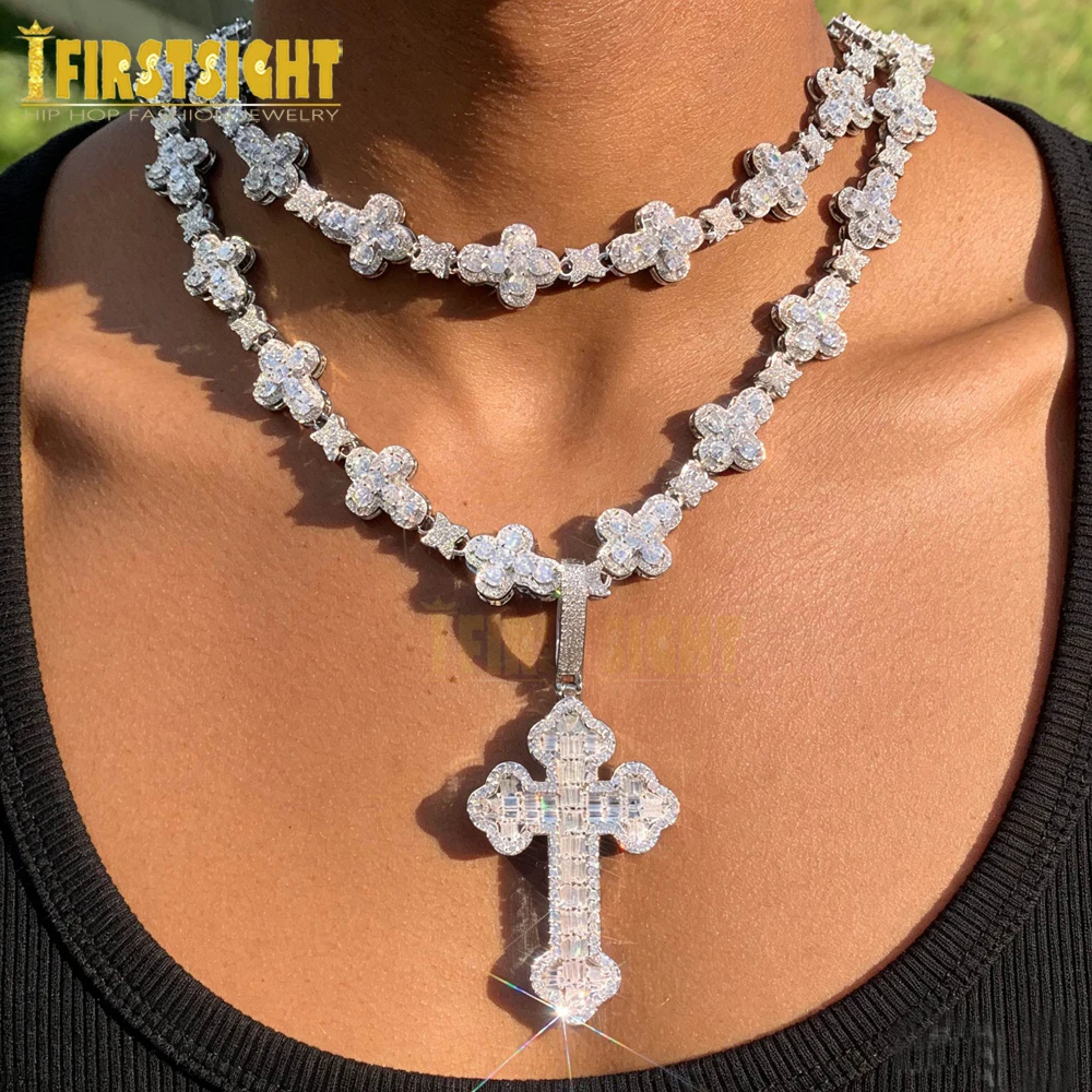 2023 neue Iced Out Kreuz Halskette für Männer Frauen Bling Silber Farbe Zirkonia Charme Stern Link Kette Hip Hop Schmuck