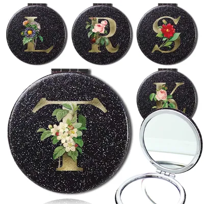 Compact Glint 2-Side Mirror Folding Magnifying Makeup Mirror Pocket Portable Beauty Cosmetic Tool Golden Flower Letter Pattern
