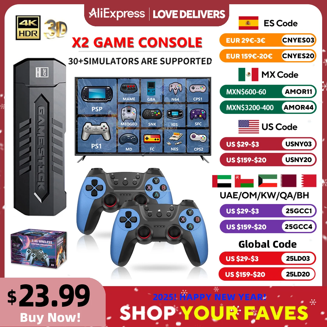 Console de jeu X2 4K HD, bâton de jeu vidéo rétro 50000 avec une paire de contrôleur de jeu pour PS1/N64/SNK/GBA, cadeau de noël pour enfants