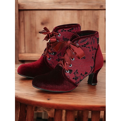 Damenstiefeletten aus grünem Samt im viktorianischen Vintage-Stil mit Spitzeneinsätzen bequem und stilvoll für Cosplay und besondere Anlässe Image