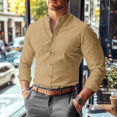 Herren Hemd Sommerhemd Kleidhemd Stehkragenhemd Knopfhemd Einfarbig Geschäft Arbeit Blau Schwarz Weiß Rosa Langarm Mandarinkragen Bekleidung Image