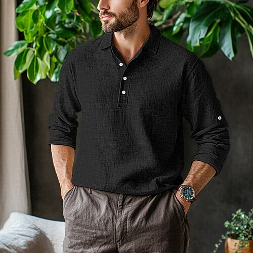 Herren Hemd Leinenhemd Sommerhemd Einfach Heim Lässig Schwarz Weiß Hellgrün Khaki Langarm Revers Frühling Sommer Bekleidung Image