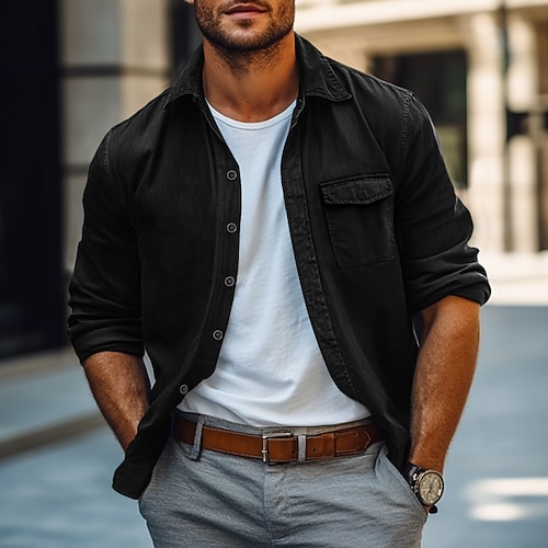 Herren Hemd Knopfhemd Cargo-Shirt Schwarz Grün Langarm Glatt Kargen Urlaub Festtage Tasche Bekleidung Modisch Brautkleider schlicht Komfortabel Image