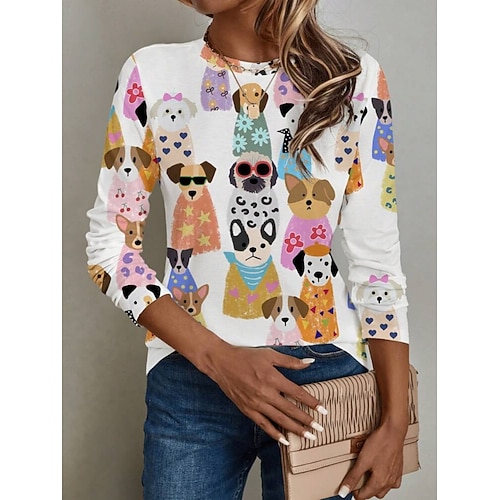 Damen T-Shirt Rundhals Langarm Tunika Katze Hund Lässig Regelmäßige Tops Täglicher Druck Weiß Frühling Herbst Image