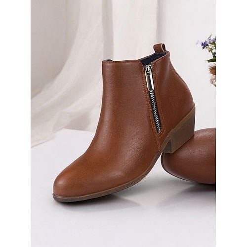 braune Damenstiefeletten aus Kunstleder mit seitlichem Reißverschluss bequem und stilvoll für den Alltag Image