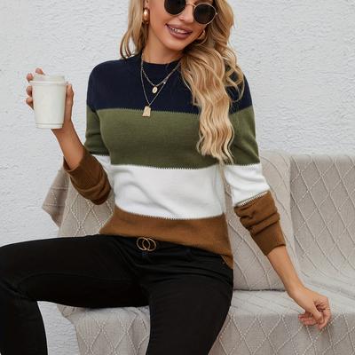 TEMU Women's Elegant Striped Color-block Sweater - Round Neck Pullover For Office & Casual Wear, Versatile Top With Black/pink/beige/, Cute Sweaters, Everyday , Medium Elasticity, Durable Knitwear Image