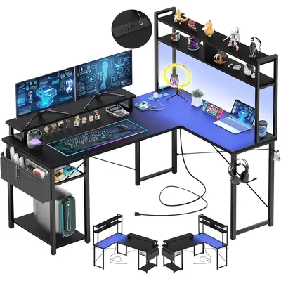 Small L Shaped Gaming Desk with LED Lights & Power Outlets, Reversible L-Shaped Computer Desk with